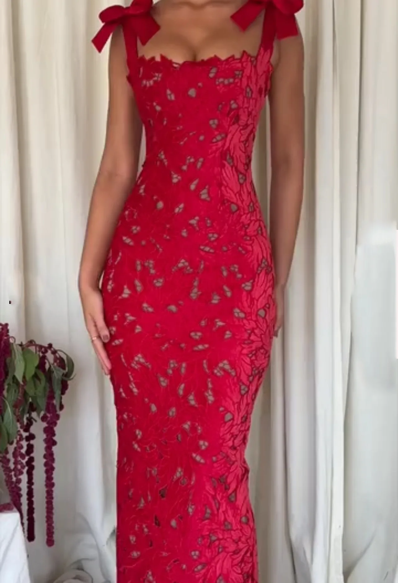 Black Embroidery Lace Dress Women Bow Strap Bodycon Maxi Dress With Slit Elegant Chic Evening Party Dresses Red Gown