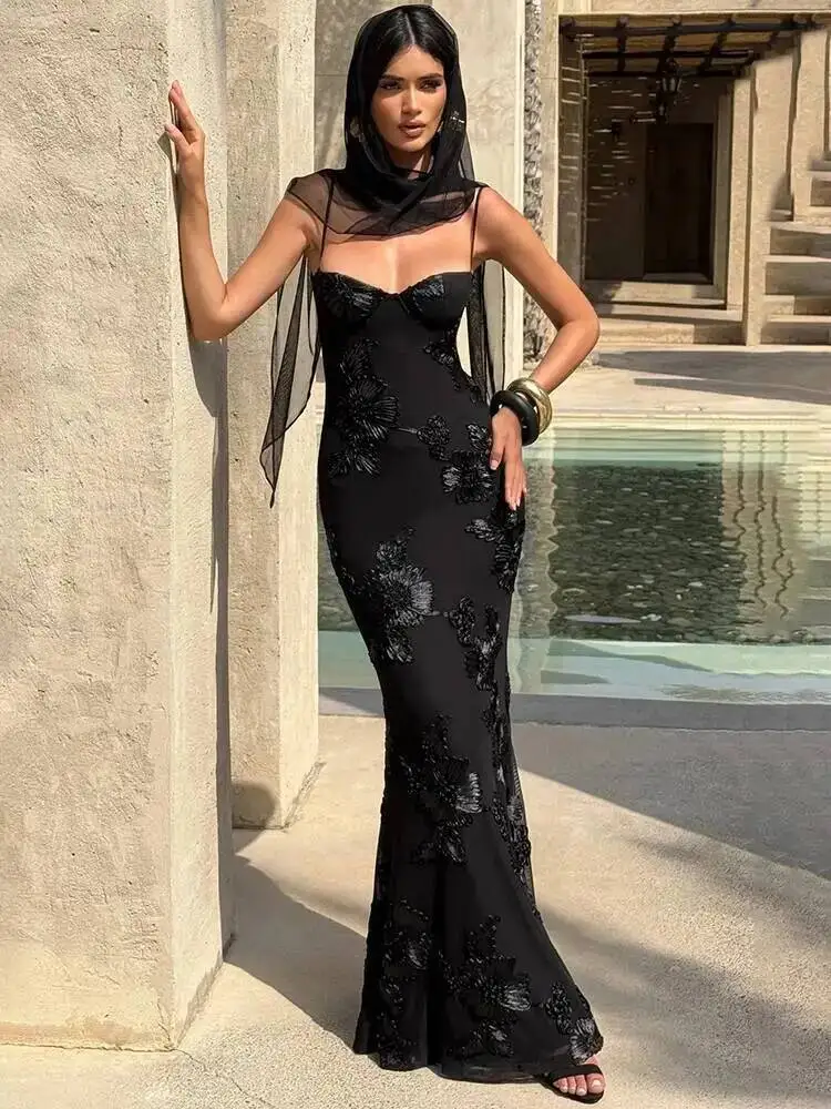Mozision Spaghetti Strap Print Sexy Maxi Dress Women Fashion Off-shoulder Sleeveless Backless Bodycon Club Party Long Dresses - Image 5