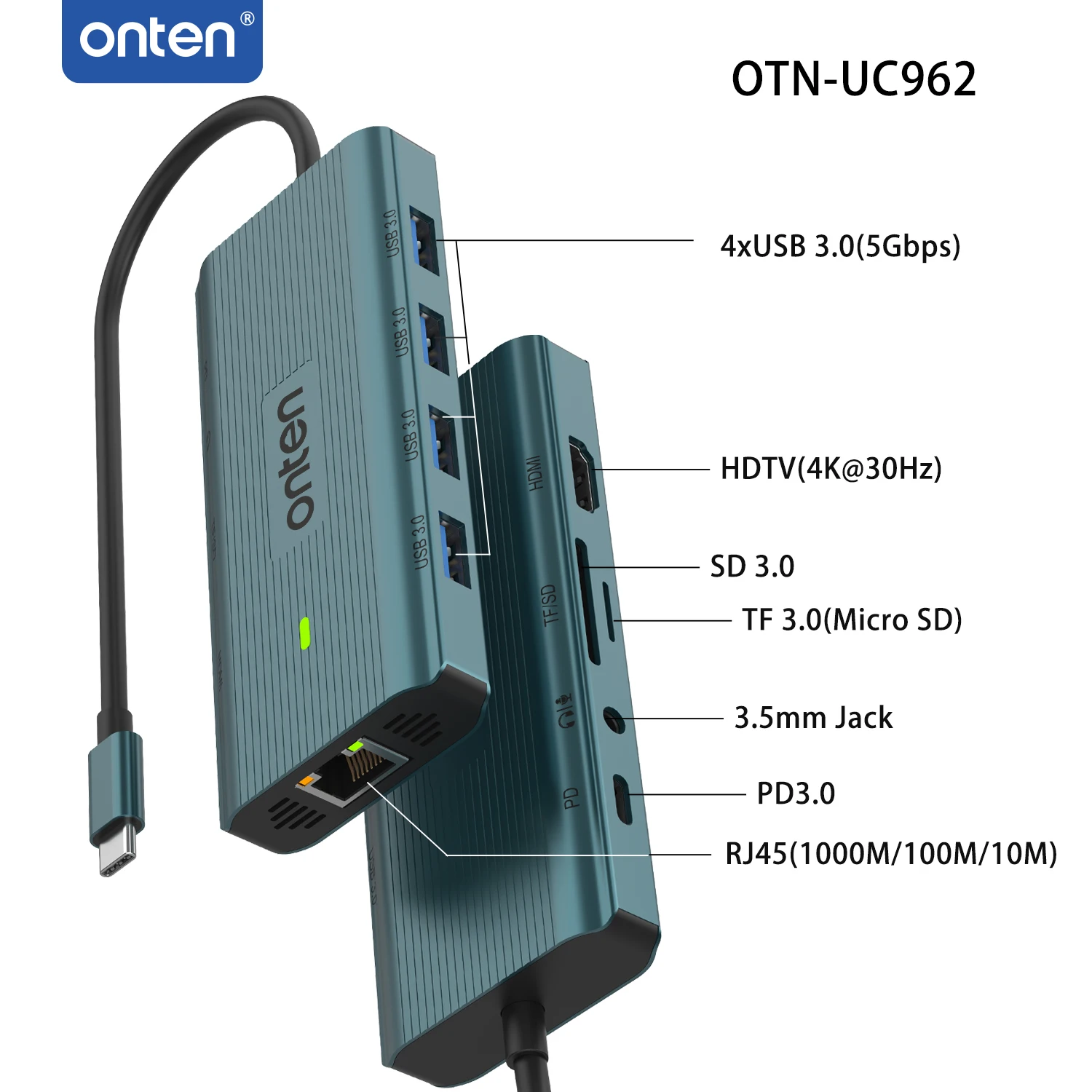 ONTEN 10-in-1 USB-C dockingstation 4K HDMI USB/SD/TF3.0 RJ45 PD100W 3.5mm audio multipoort hub adapter voor MacBook laptop