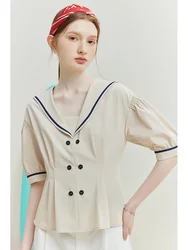 FSLE-Chemise à Manches Courtes et Col en V pour Femme, Haut Style Marine, Rétro, Français, Double Boutonnage, Fouet, Été 2023