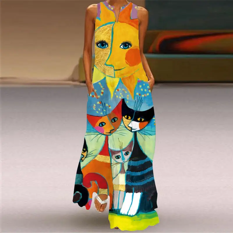 

Bohemian Cartoon Print Maxi Dress V Neck Pocket Beach Dress Folkloric Aesthetic Loose Fit Vacation Wear
