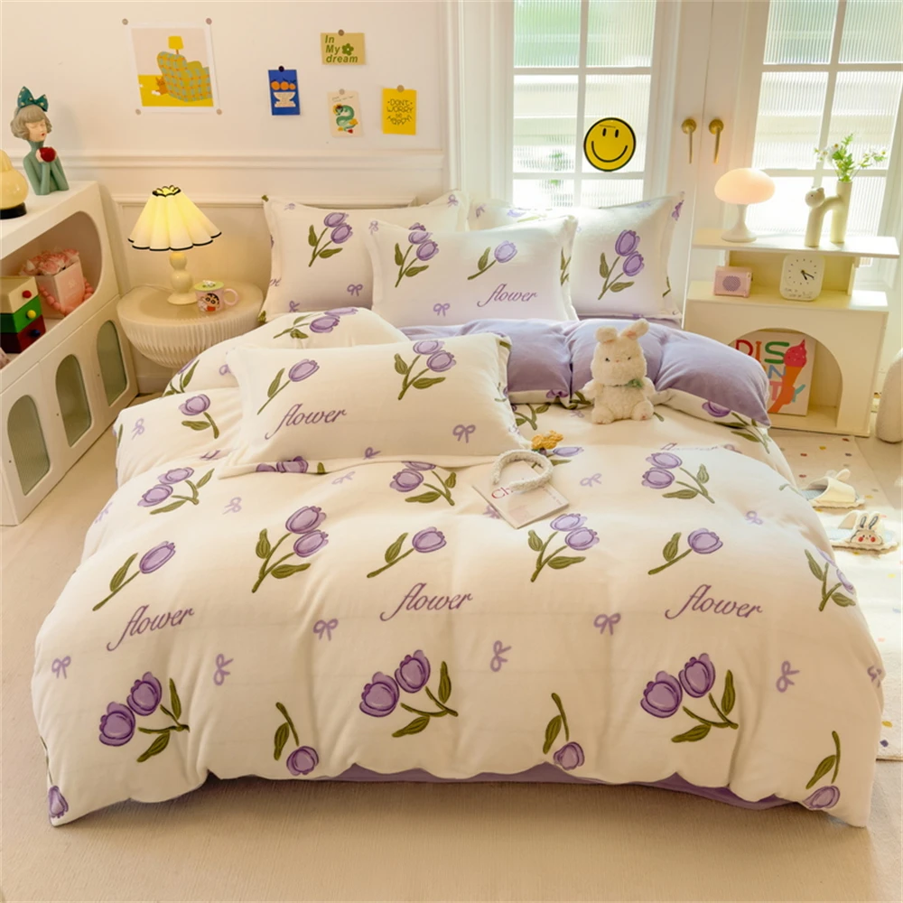 Thickened Milk Velvet Flower Print Quilt Cover Pillowcase Bed Sheet Duvet Cover Winter Bedding Set Bedroom Decor Four-Piece Sets