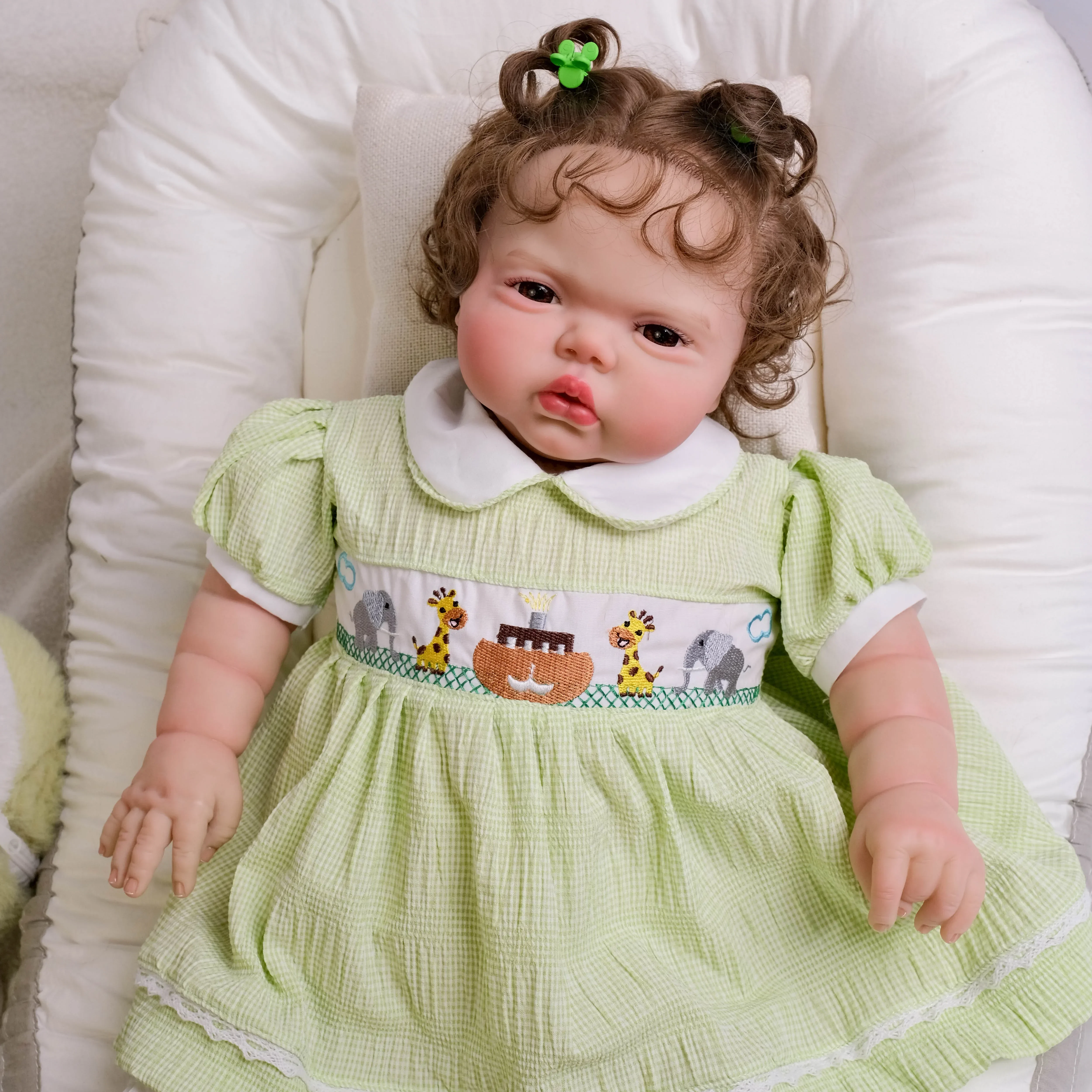 NPK 24Inch Pickle Girl Awake in Soft Cloth Body Lifelike Reborn Toddler Hand Rooted Curly Brown Hair Cuddly Baby Doll Baby