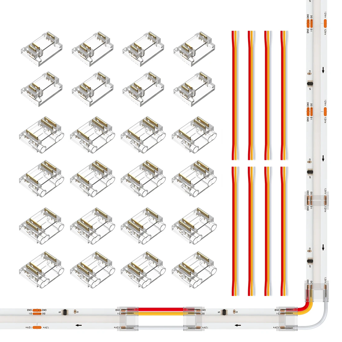 24 szt. Zestawy złączy przezroczysta osłona 12mm dla COB RGBIC taśma LED przezroczyste złącza bez przepychania z przedłużacz 3Pins