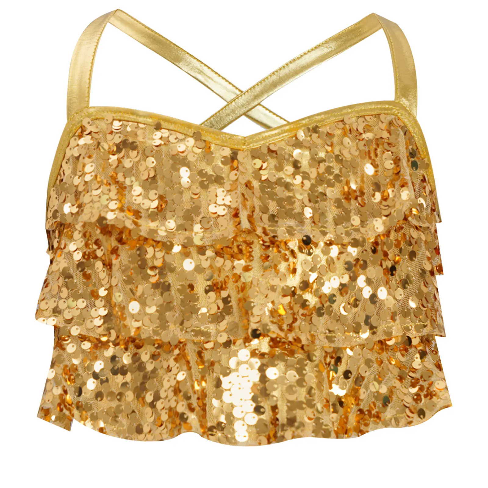 

Kids Girls Sequins Jazz Dance Top Camisole Glittery Tiered Ruffles Vest Crop Top Cross Back Shiny Metallic Performance Costume