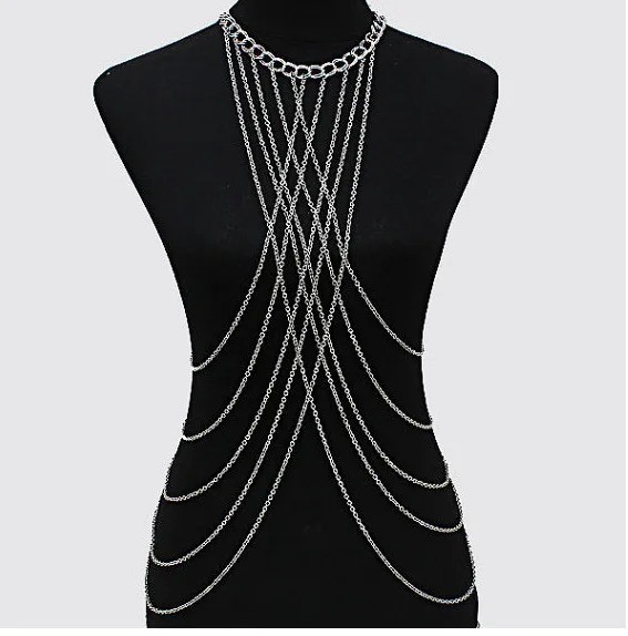 Fashion Womens Sexy Summer Beach Tassel Body Waist Chain Fringe Cross Tie Shoulder Bikini Harness Belt Chain Waistband Necklace