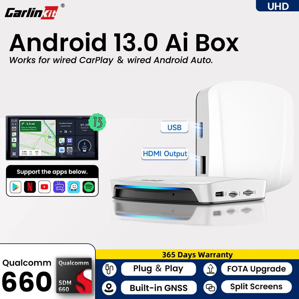 Carlinkit SDM660 UHD Android 13.0 Ai Box Wireless CarPlay Android Auto HDMI Output Support Streaming Video Netfilx YouTube IPTV