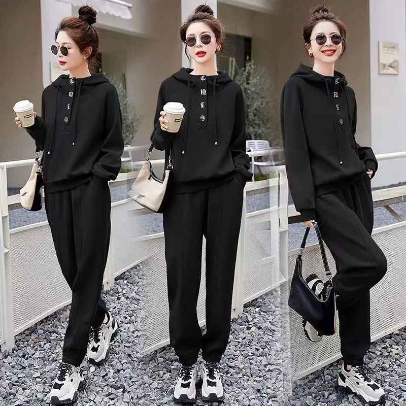 Women\'s Casual Suit Spring Autumn 2024 New Hooded Sweater Fashion Running Sports Tops And Pants Two Piece Set Plus Size Clothing