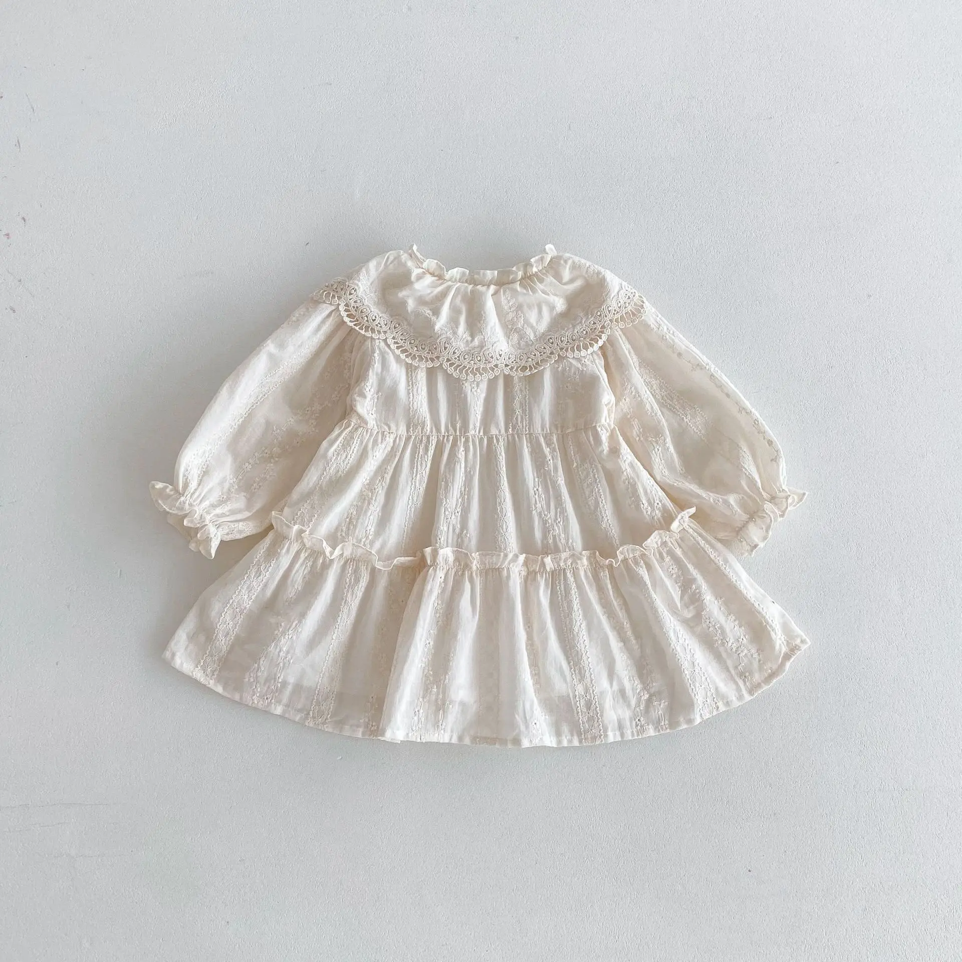 2024 Autumn New Girls Solid Lace Collar Princess Dress Baby Long Sleeve Casual Dress Cotton Children Large Lapel Dress