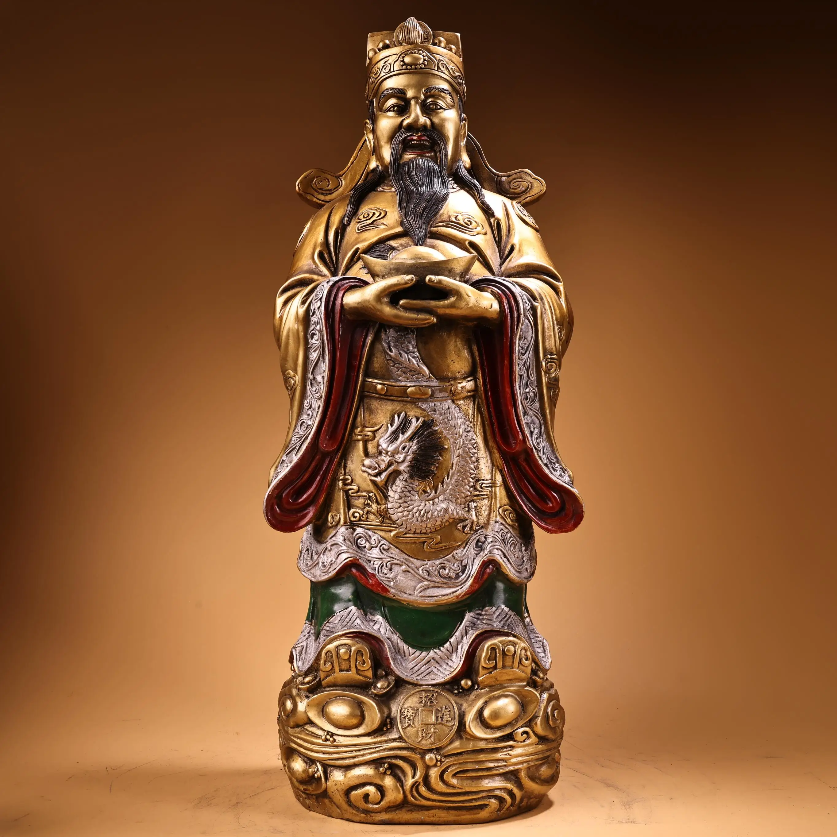 

25"Tibetan Temple Collection Old Bronze Painted High Relief Dragon pattern Yuanbao coins God of wealth immortals Standing Buddha