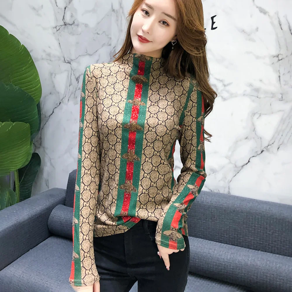 Semi-high-necked Rhinestone Contrast T-shirt Women's Autumn/winter 2024 New Fashion Joker Slim Western-style Slim Mesh Shirt.