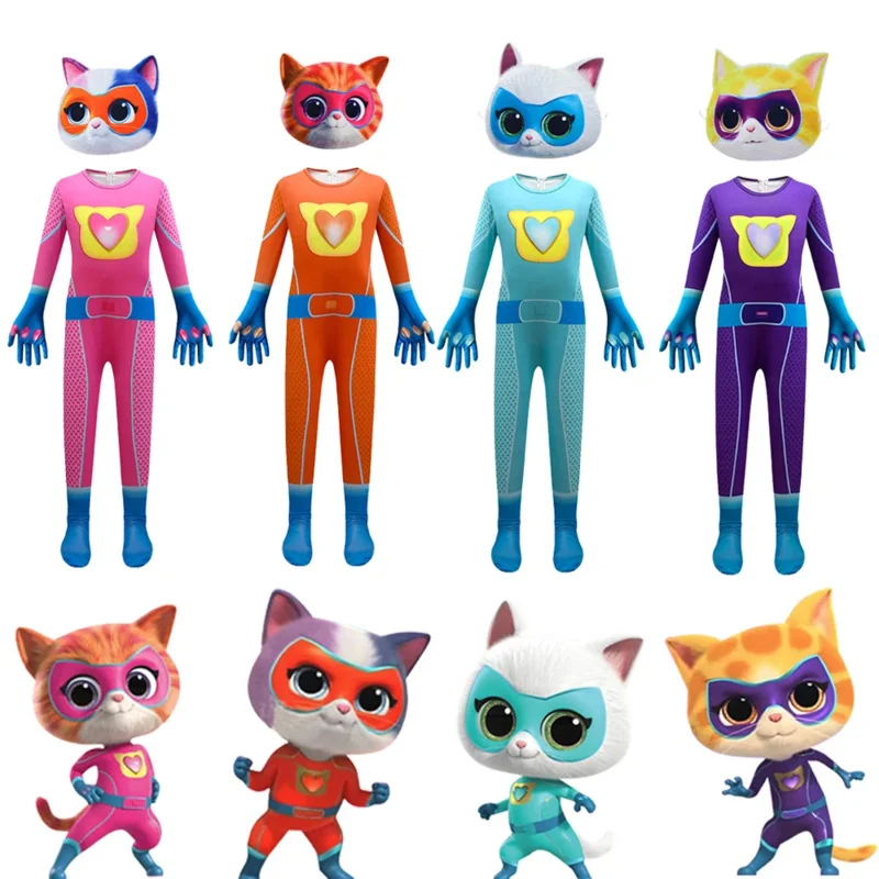 SuperKitties Cosplay para crianças, bodysuit anime para meninos e meninas, macacões extravagantes, roupas de carnaval, festa de aniversário