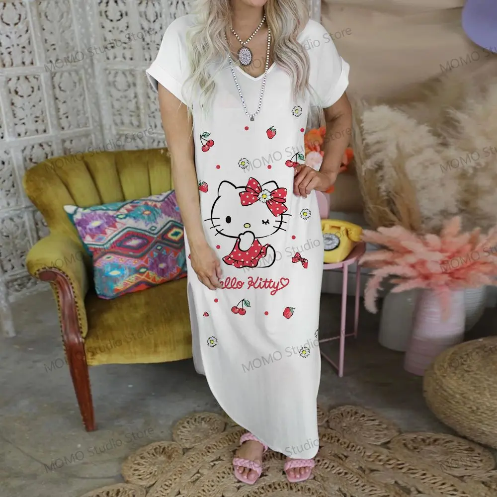 Hello Kitty Long Dresses V-neck Robe Summer Woman Dress Kawaii Lovely Streetwear S-2XL Cheap Clothes Elegant Gowns 2024 Fashion