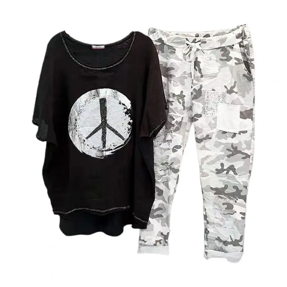 Shirts Pants Set Woman 2 Pieces Elegant T-shirt Pants Camouflage Drawstring Summer Relaxed Fit Asymmetrical Outfit Streetwear