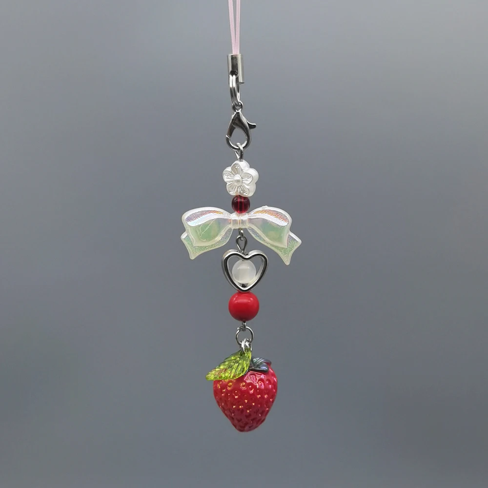 Original Kawaii Red Strawberry Phone Charm Lanyard White Bow Keychain Strap Rope for Phone Bag Camera Pendant