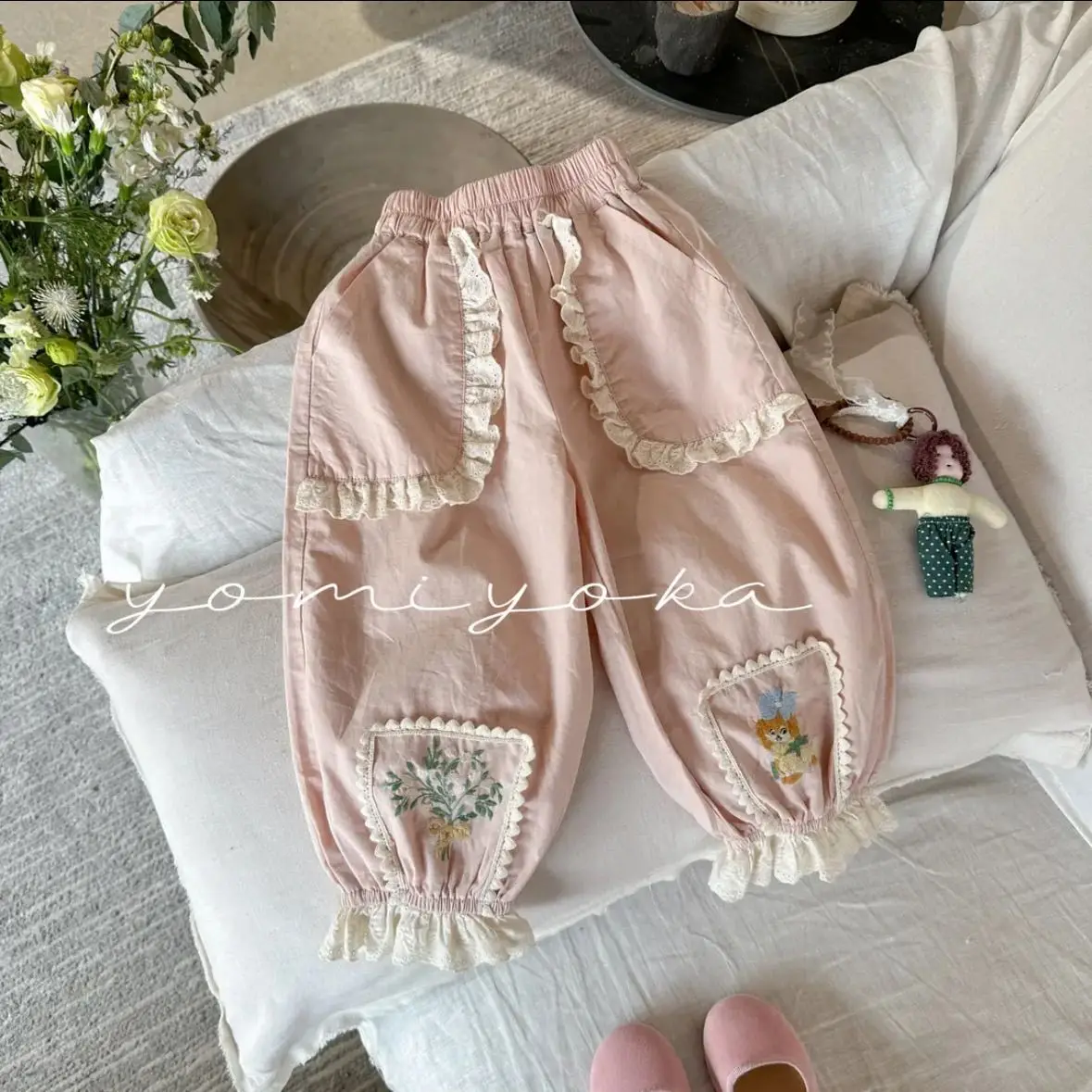 

Весенне-осенняя модная одежда для маленьких девочек, милые розовые кружевные брюки принцессы с вышивкой цветов, детский комплект, повседневная одежда