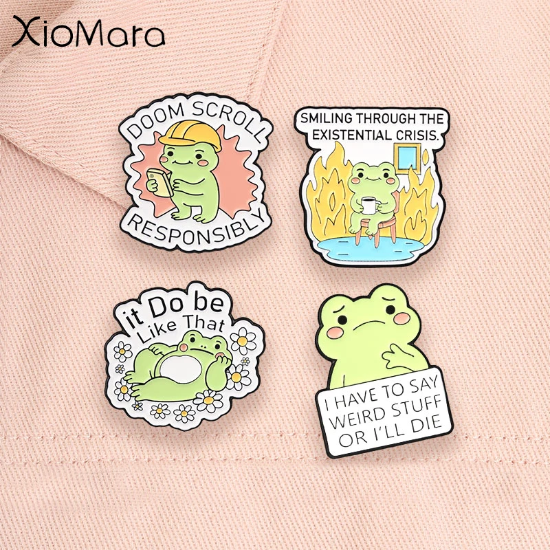 Funny Overthinking Frog Enamel Pin Doom Scroll Smiling Through The Existential Crisis Brooch Sarcastic Slogan Badge Jewelry Gift