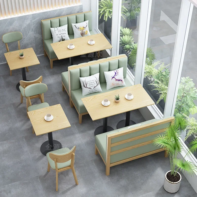 Customized themed solid wood Western restaurant, dessert shop, milk tea shop, café, wall-by-wall bar booth, sofa table