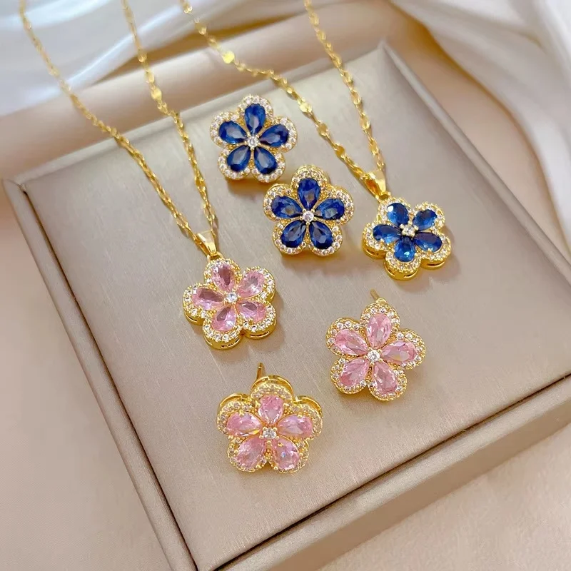 

Fashion Flower Crystal Zircon Stainless Steel Necklace Earring Bridal Set Gold Plated Jewelry Suitable For Women Wedding Party