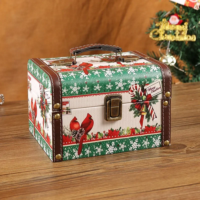 New Christmas PU Leather Retro Wooden Jewelry Certificate Storage Box With Handle Hundred Treasure Miscellaneous