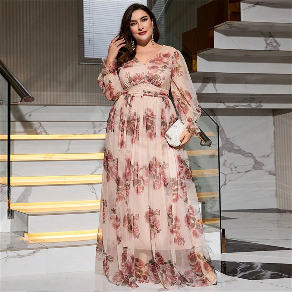 

New Floral Print Big Swing V-Neck Lotus Sleeve Dress Elastic Mesh Banquet Bridesmaids Plus Size Evening Dresses Gown Robe Kaftan