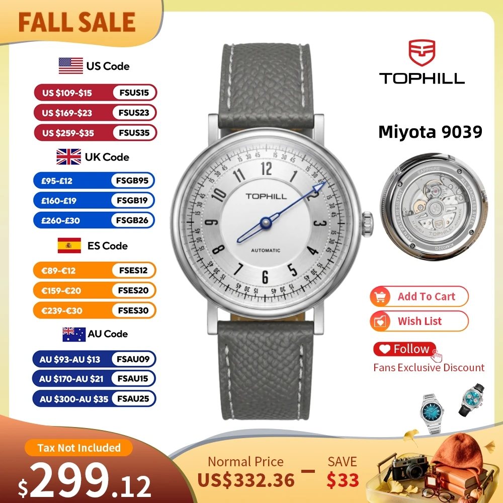 TOPHILL+ Dress Watch For Men One-Hand Dial Miyota 9039 Automatic Mechanical Movement Wristwatch Sapphire Crystal 50M KIM002G
