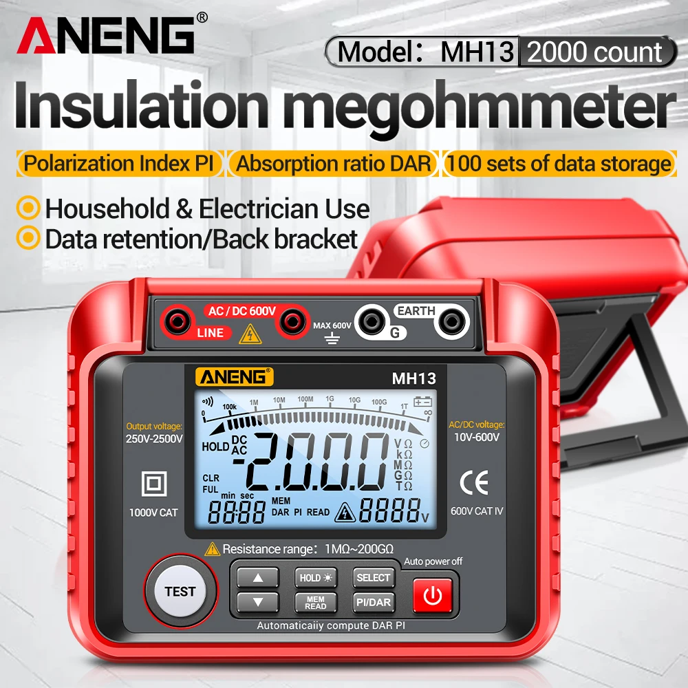 

Digital Megohmmeter NCV 2000 counts Insulation Earth ANENG MH13 Resistance Meter Tester Cable 600V AC/DC High Voltage Voltmeter
