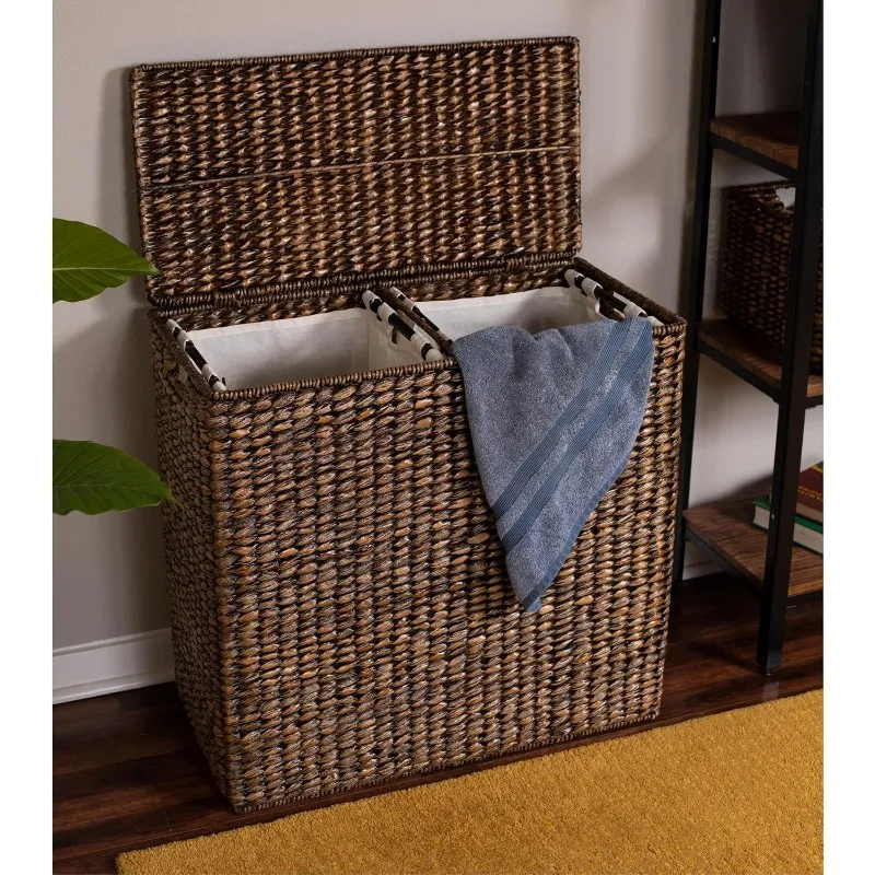 Handwoven Natural Seagrass Fiber Compartment Laundry Hamper W/Dual Removable Liners Bag Side Basket for Dirty Laundry Brown Wash