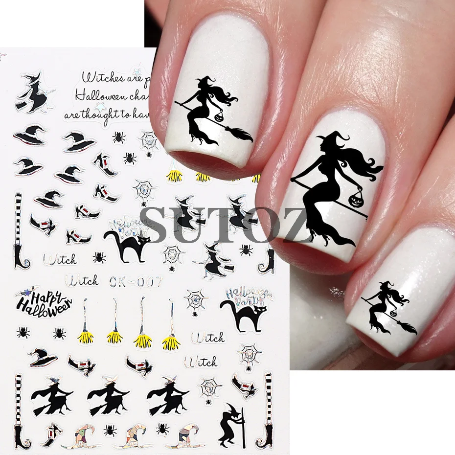 Embossed 3D Witches Nails Stickers Gold Black Witche Broom Boots Relief Design DIY Halloween Dark Style Manicure Decal CK-007