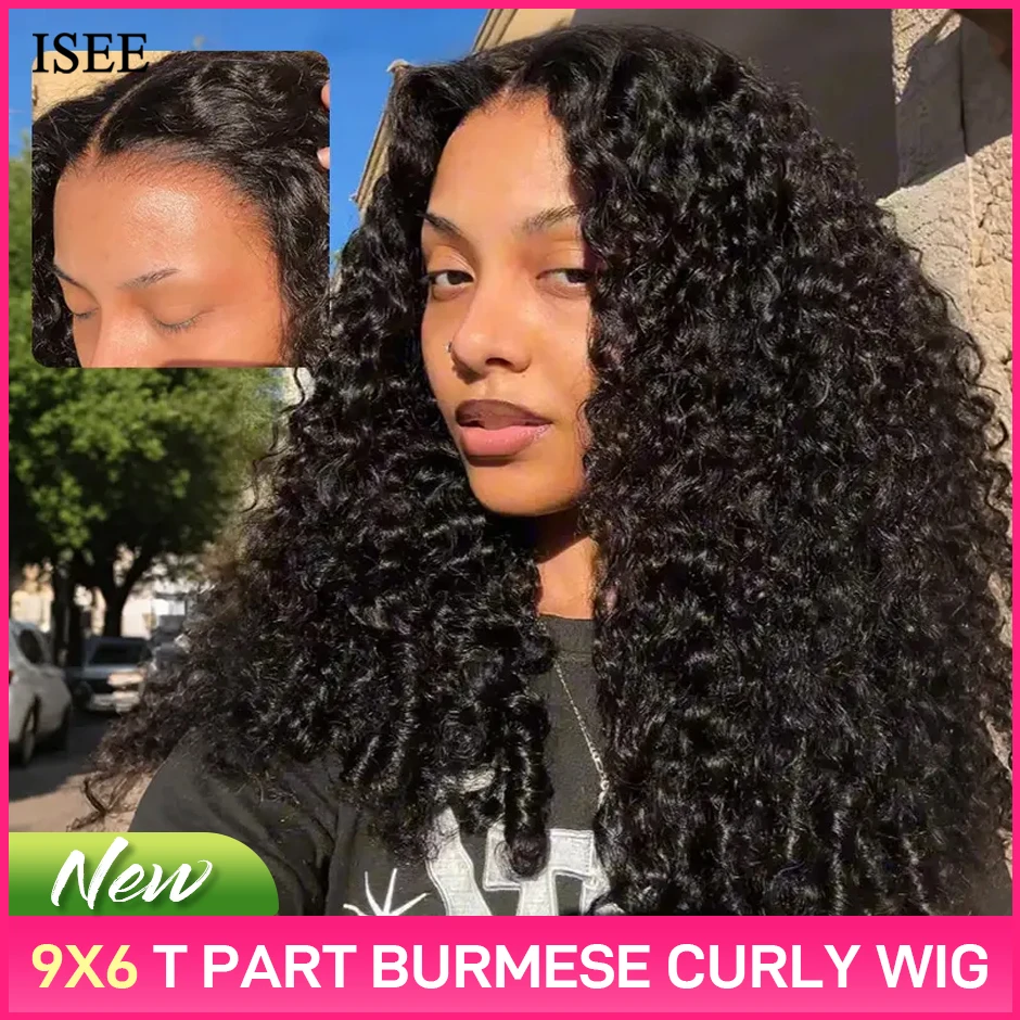 

ISEE HAIR 9x6 T Part Glueless Burmese Curly Wigs 180% Deep Part Curly Human Hair Wear Go Wigs With Adjustable Band