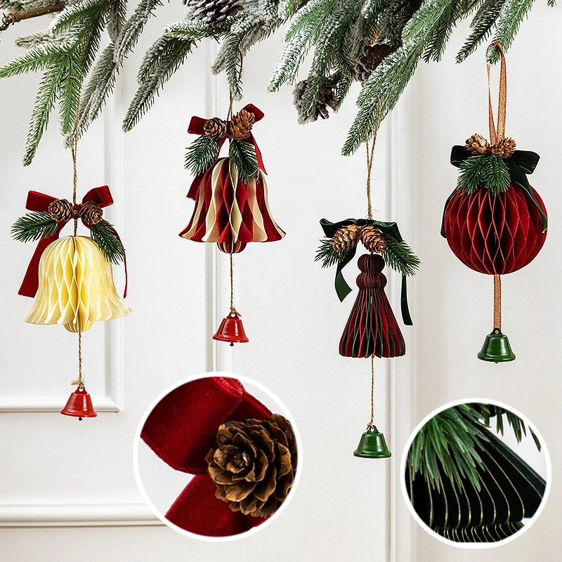 

2026 New Christmas Honeycomb Bell Pendant Paper Craft Decor Hanging Balls for Tree Table Wedding Classroom Farmhouse Party