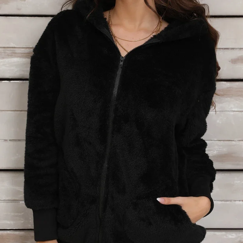 Autumn Winter Women's Warm Black Jacket Casual Zipper Long Sleeve Loose Plush Thick Coat Pockets Hoodie Tops Outerwear Ladies