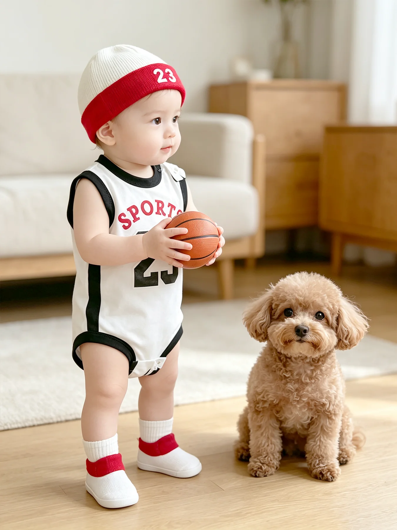 Nein. 23 Rot-weißes, farblich abgesetztes, ärmelloses 3-teiliges Activewear-Set aus Baumwolle für Baby-Jungen – ein lustiges und verspieltes Geschenkset für Fotoshootings – Detail 4