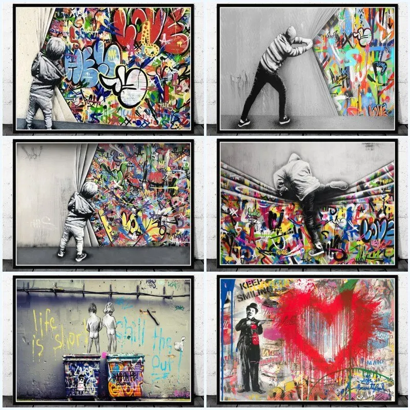 بانكسي الكتابة على الجدران الفن خلف الستار مجردة قماش طباعة ملصق جدار ديكور لغرفة المعيشة ديكور المنزل