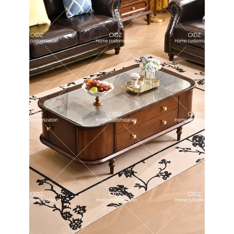 Solid Wood Coffee Table Living Room Household Retro Tea Table High End Medieval Glass Top Modern Light Luxury Design