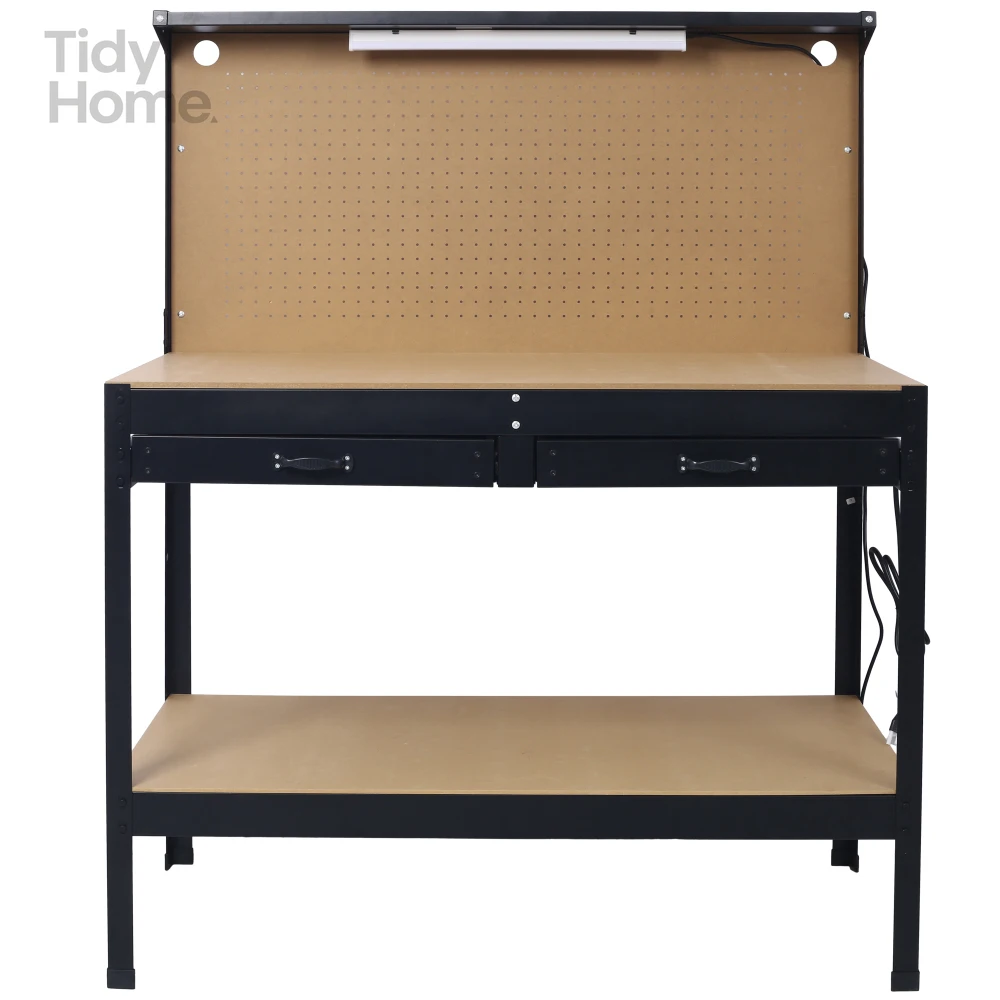 Steel Workbench WITH led light, Tool Storage Work Bench, Workshop Tools Table WITH Drawer and Peg Board , built-in power panel