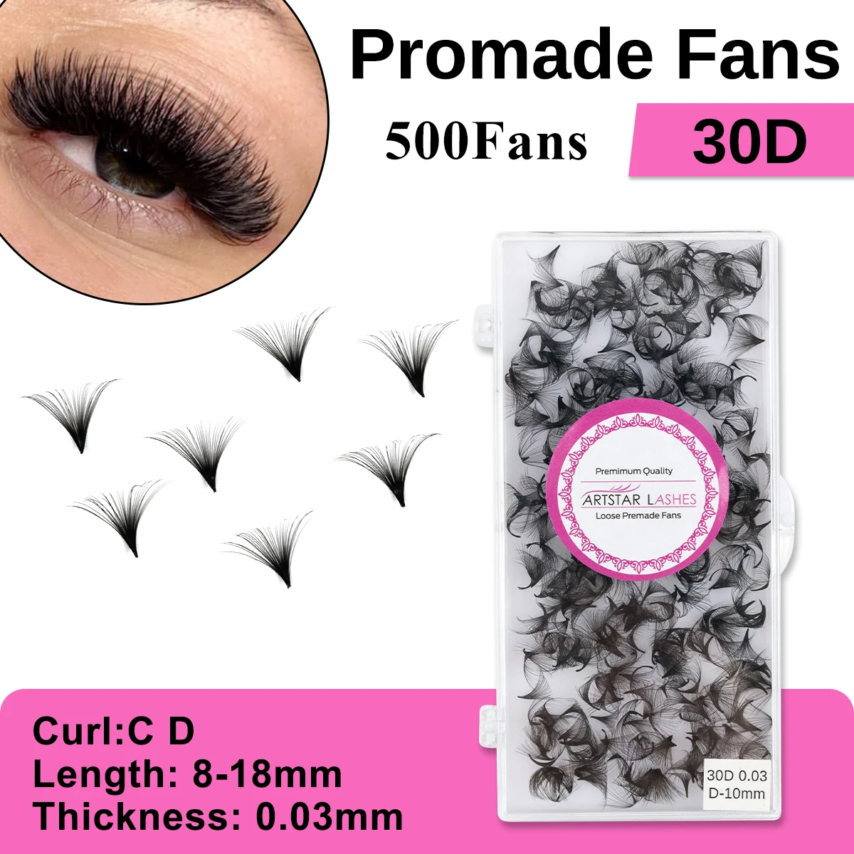 ARTSTAR 30D Vorgefertigte Volumen-Wimpernverlängerungen, 500 Fächer, 8-18mm, spitzer Ansatz, professionelle Bouquet-Wimpern für Make-up