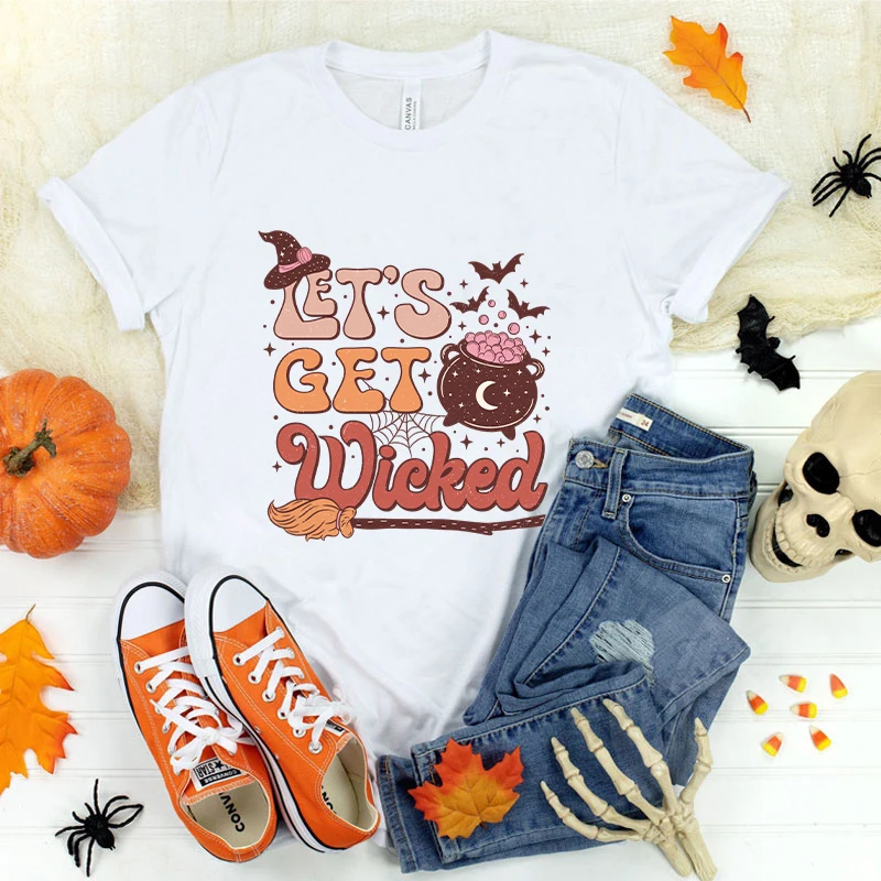 

(Premium T-shirt)Funny Halloween Let'S Get Wicked Print T-Shirt Women Summer Casual Short Sleeve Shirt Fashion Loose Tops