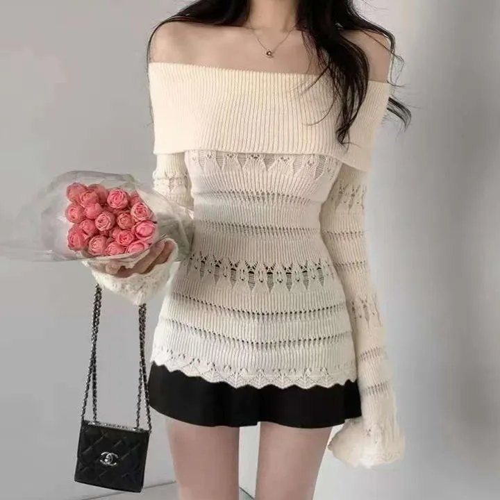 

Шикарный ранневесенний вязаный свитер с вырезами на плечах и рукавами-колоколами, женский, приталенный, универсальный, с открытыми плечами, в корейском стиле, длинный рукав