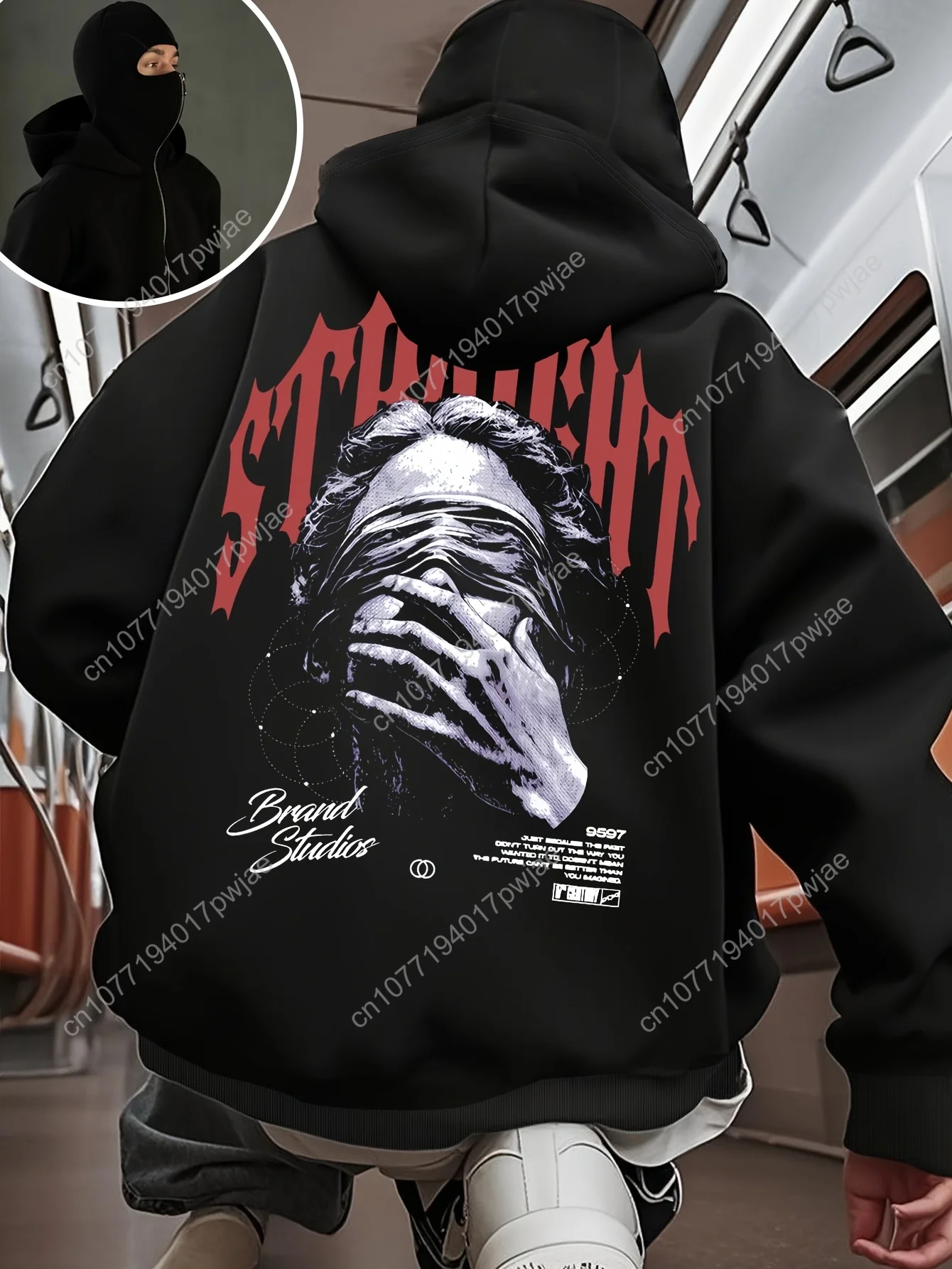 

[Стильная толстовка в стиле хип-хоп] Мужская стильная черная толстовка с жирным графическим принтом «STRICT» | Двойная молния, капюшон-балаклава, повседневная стрелка