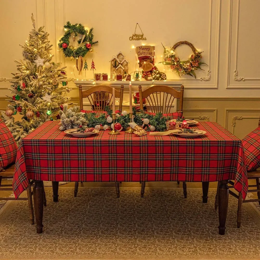 Plaid Tablecloth Xmas Christmas Red Green Rectangle Party Table Cloth Vintage Dining Table Cover for Home Living Room Decoration