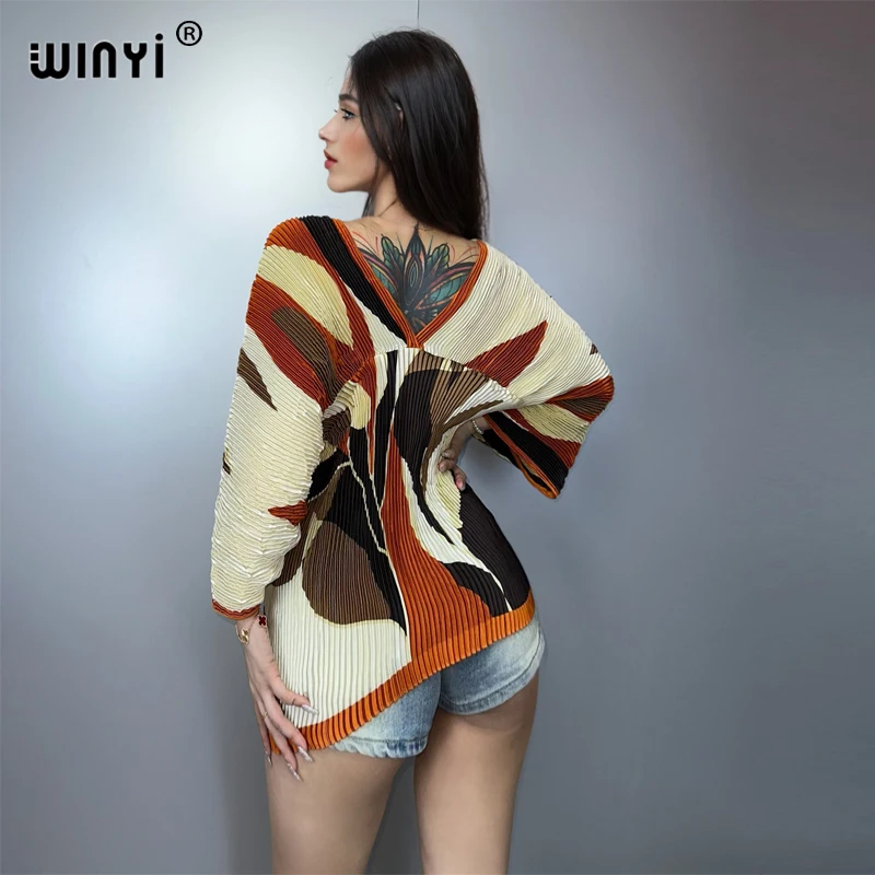 WINYI Top elastico plissettato taglia libera per donna, top da spiaggia estivo bohémien, manica a pipistrello, copricostume da spiaggia con vestiti stampati boho