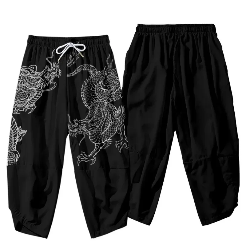 Anime Dragon Printed Black Men Japanese Harem Trousers Casual Elastic Waist Kimono Cropped Pants boys cosplay costume