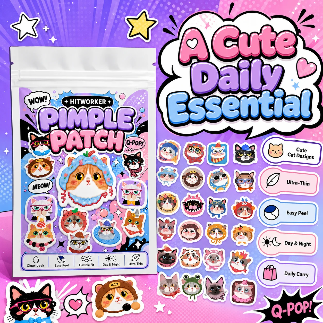 48/240pcs Cute Cat Hydrocolloid Spot Cover Patches, Cartoon Face Stickers, Easy Peel Daily Skin Care Day Night Use view 5