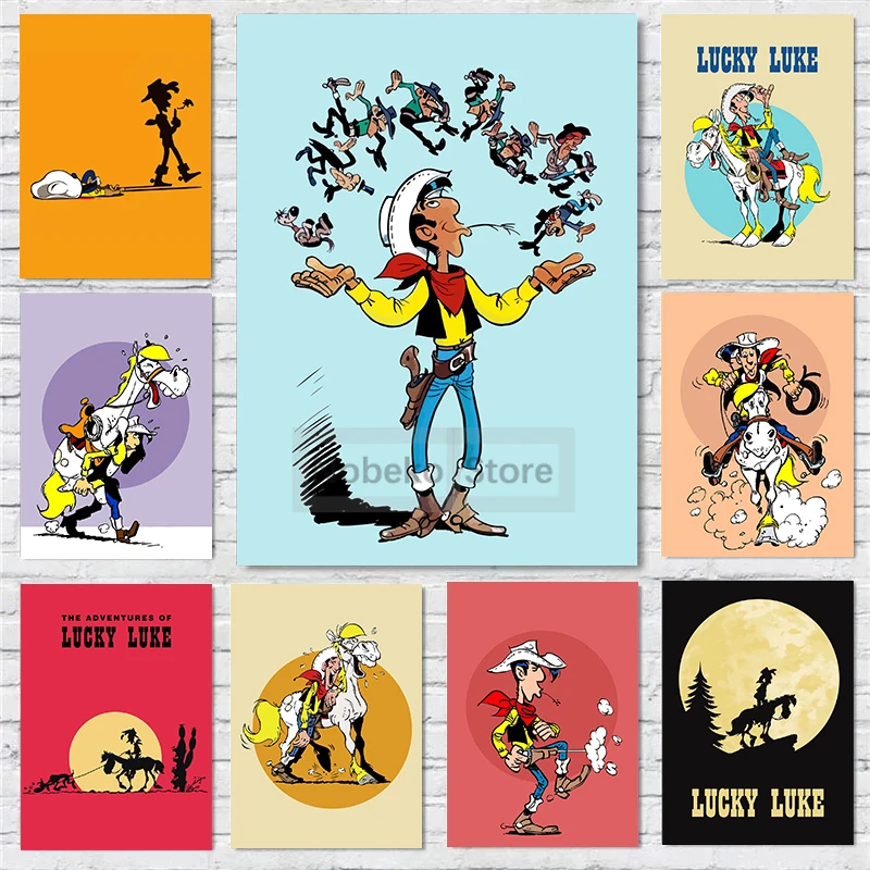 ملصق لوك المحظوظ للرسوم المتحركة الفرنسية ، كاريكاتورية ، مطبوعات رعاة البقر المضحكة ، لوحة قماشية ، صور فنية جدارية ، ديكور لغرف المنزل