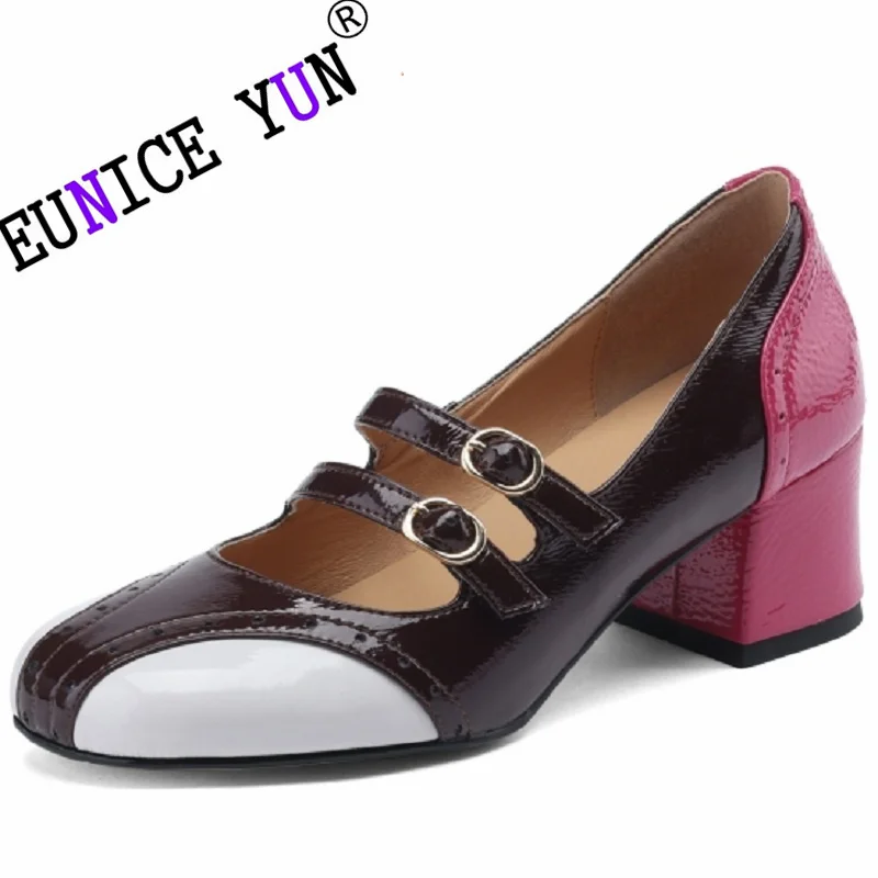 【EUNICE YUN】Women Brand Genuine Leather Square Toe Mary Janes Buckle Straps Sweet Girl Princess Party Shoes Handmade