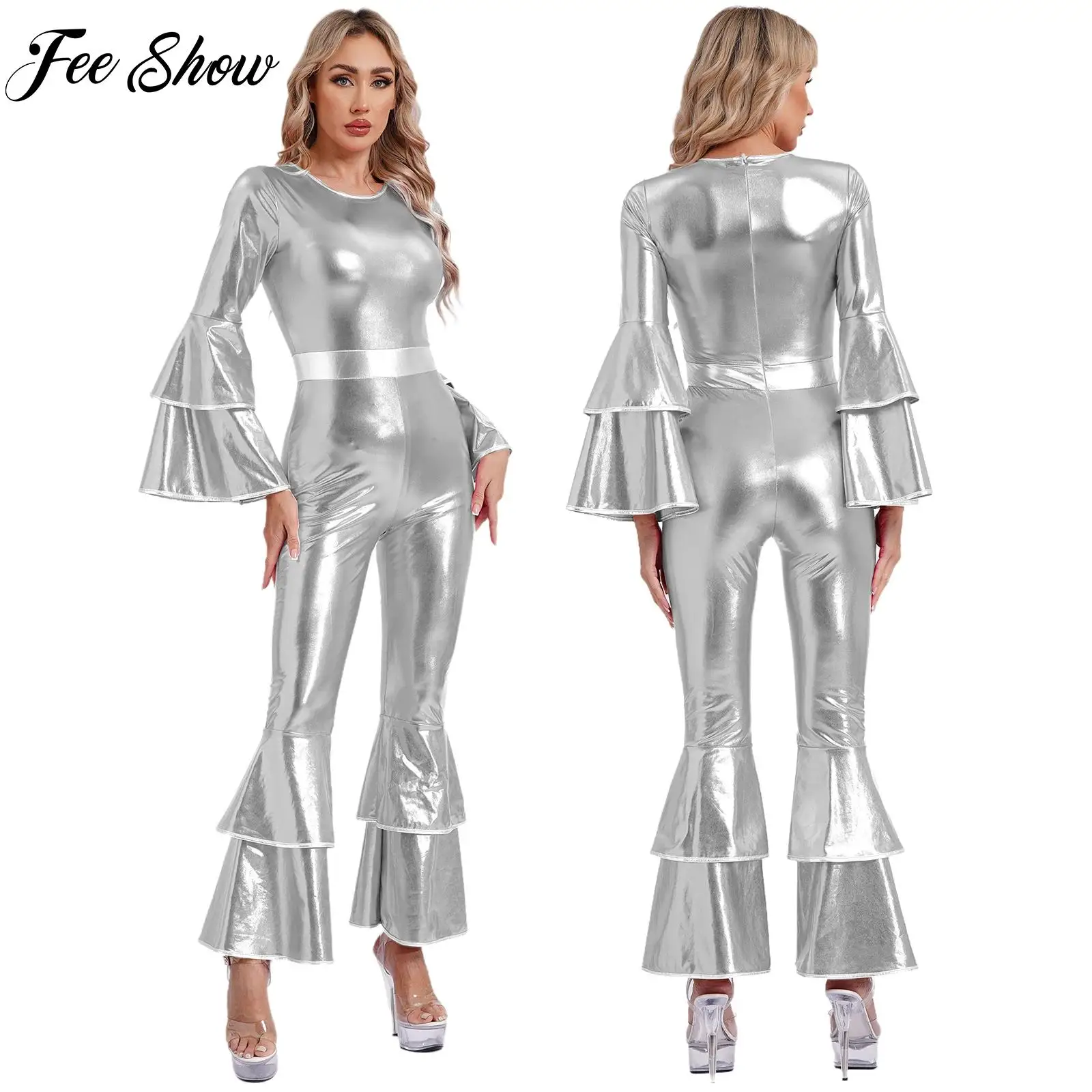 New Women Vintage Disco Bodysuit Outfit Shiny Jumpsuit Flare Sleeve Bell Bottom One-piece Dancewear Party Music Festival Costume