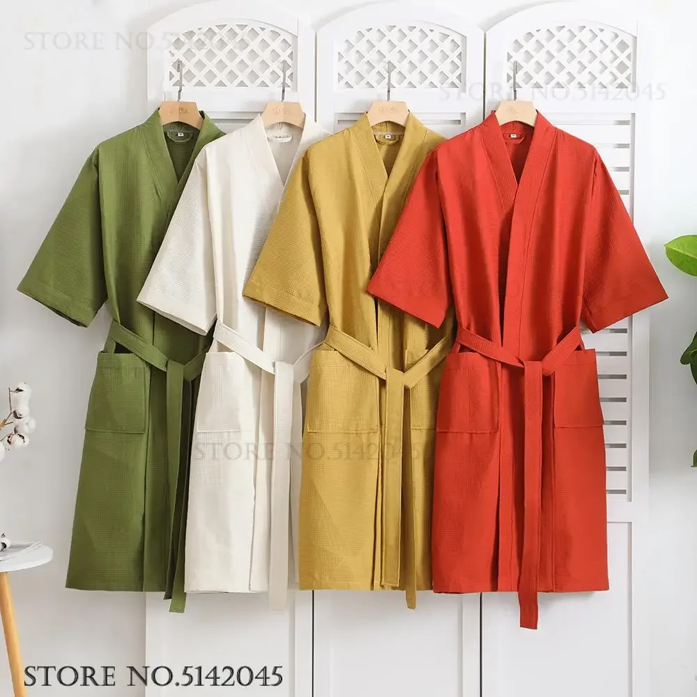 

Summer Cotton Gauze Robe Kimono Couple Bathrobe Gown with Pocket Sleepwear Home Clothing Loose Nightgown Loungewear Lingerie