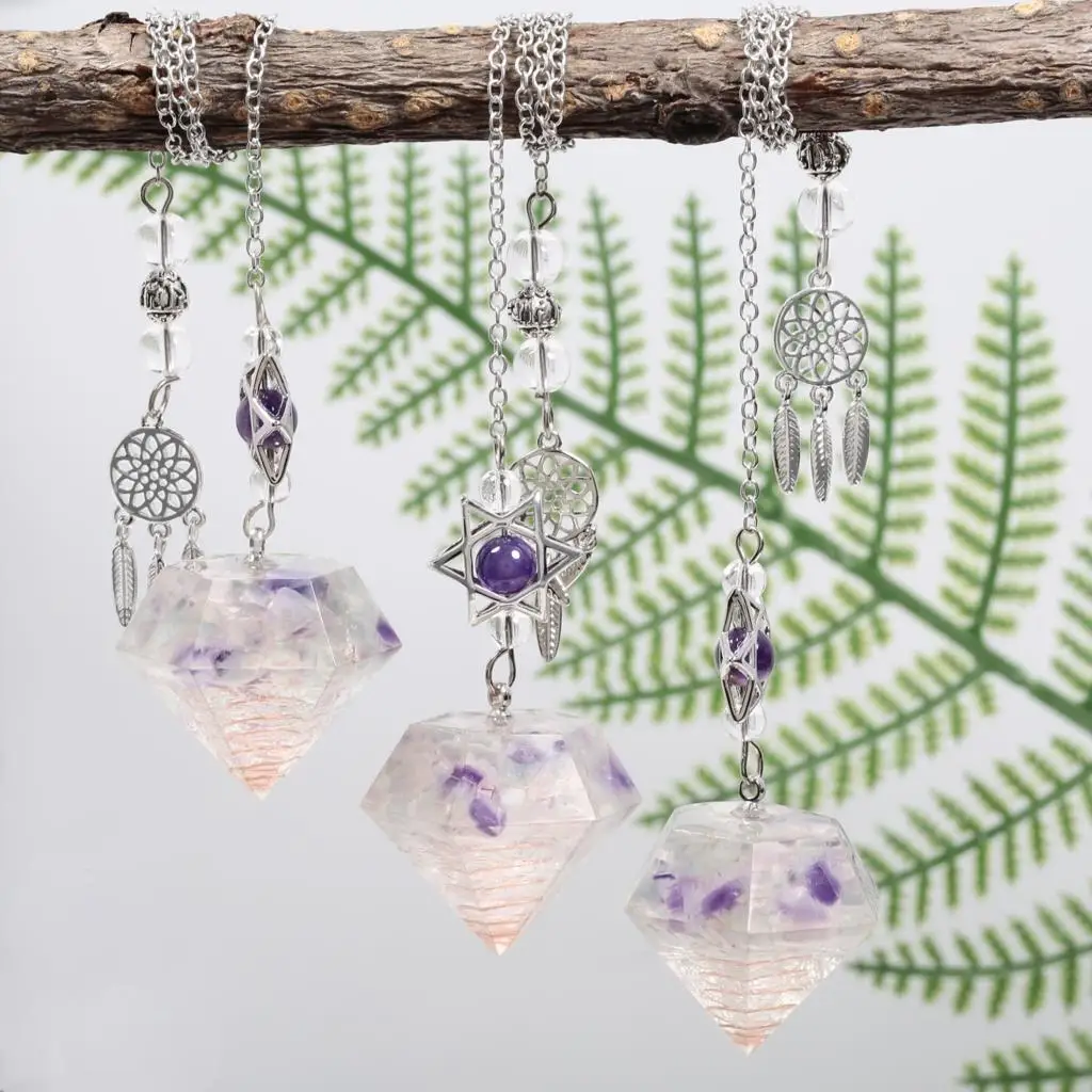 Natural Amethyst Pendant Reiki Chip Minerals Pendulum With Star Of David Dreamcatcher For Divination Biolocation Meditation Tool