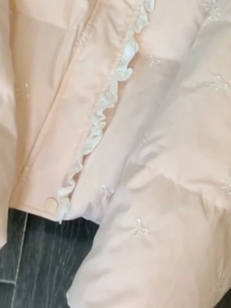 Winter Vintage Korean Fashion Thick Coats Women Loose Long Sleeve Bow Lace Zipper Warm Cotton Jacket Casual Elegant Chic Tops